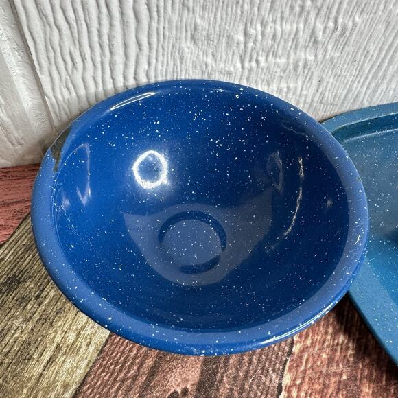 Set of 7 Vintage Blue Speckled Enamelware Graniteware Camp Cup Bowls & Trays - Picture 3 of 13